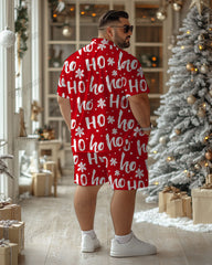 Big Men's Christmas Red Cartoon Letter Print Short Sleeve Shirt Shorts Set
