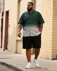 Big Men's Green Gradient Grey Short Sleeve Shirt Shorts Suit