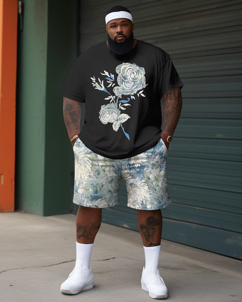 Men's Plus Size Casual Retro Chrysanthemum Flower Contrast Color Two-piece Set