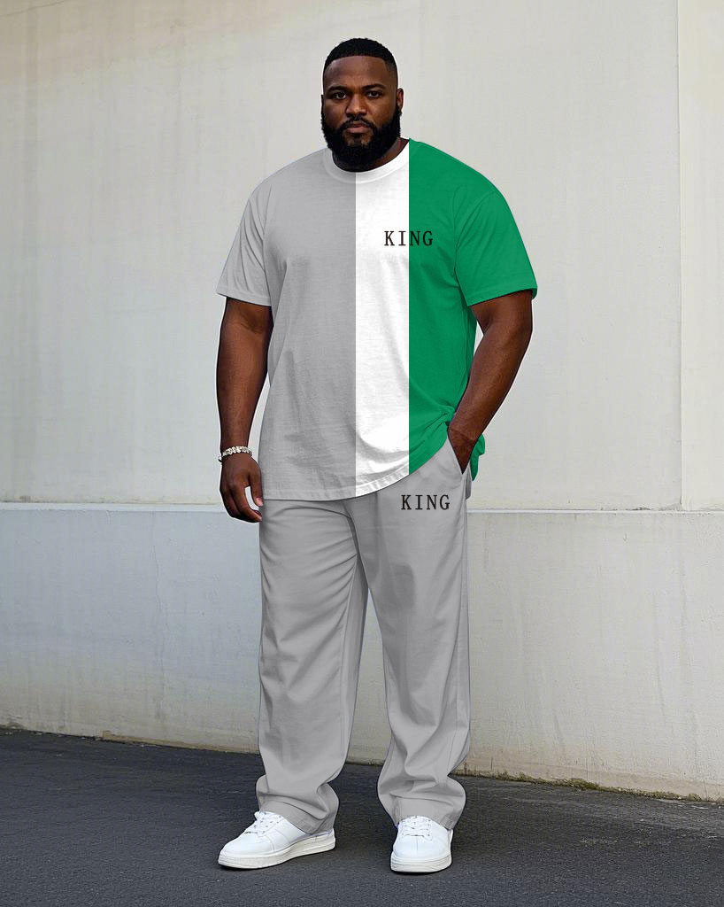 Big & Tall Men's Summer Grey & White & Green Colorblock Loose Short-sleeved T-shirt Trousers Suit