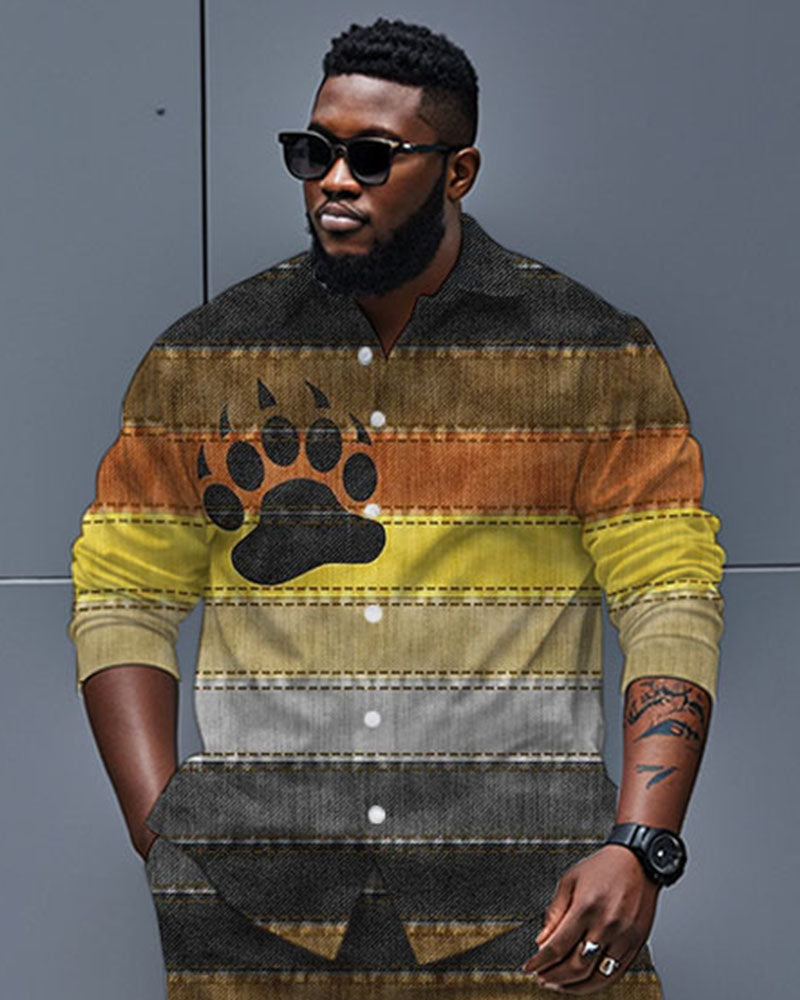 Men's Plus Size Bear Claw Color Block Printing Long Sleeve Shirt Trousers Suit