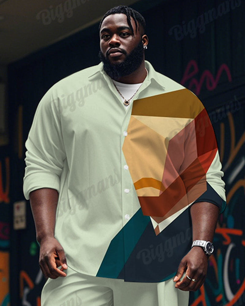 Men's Plus Size Green Color Block Abstract Cartoon Printing Long Sleeve Shirt Trousers Suit
