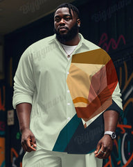 Men's Plus Size Green Color Block Abstract Cartoon Printing Long Sleeve Shirt Trousers Suit
