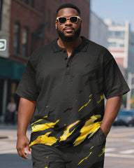 Big & Tall Men's Business Black Stroke Graffiti Print Short Sleeve Polo Shirt Shorts Suit