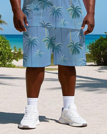 Men's Big Size Simple Tropical Coconut Trees Printed Hawaiian Vest and Shorts Set