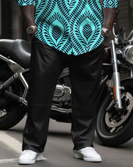 Big Men's Casual Business Retro Pattern Printed Long Sleeve Shirt Trousers Set