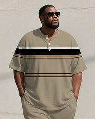 Men's Plus Size Khaki Color-block Line Print Henry Collar T-shirt Trousers Suit