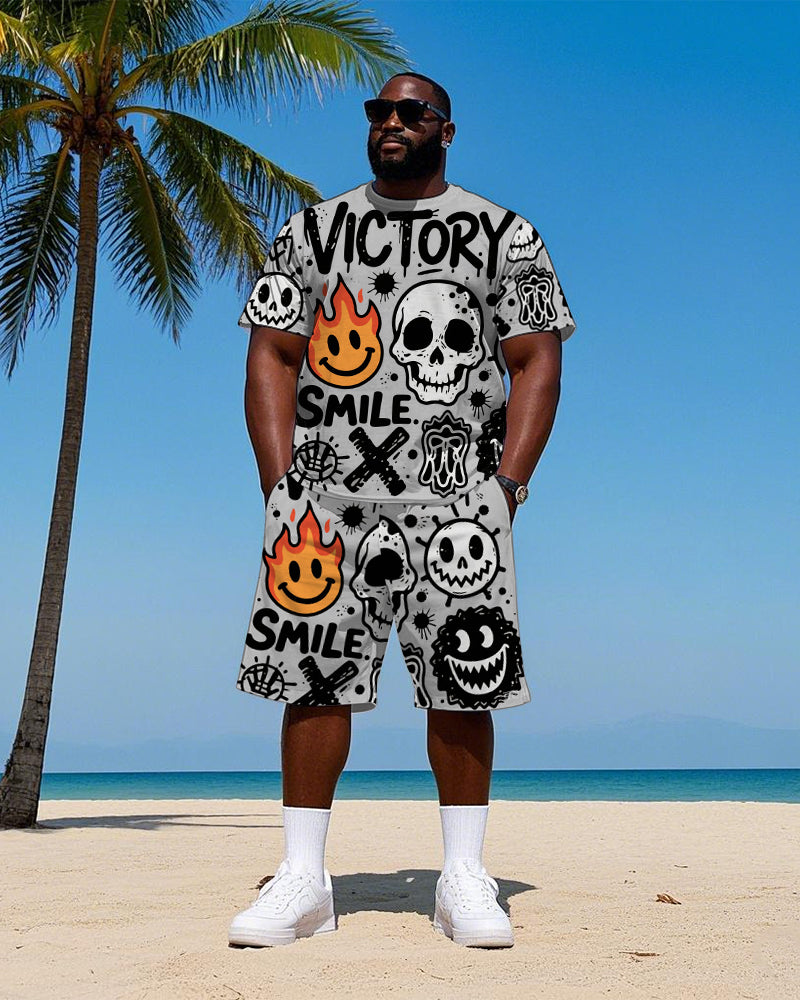 Big Men's Street Fashion Humor Skull Hip Hop Letter Printed Short Sleeve T-Shirt Shorts Set