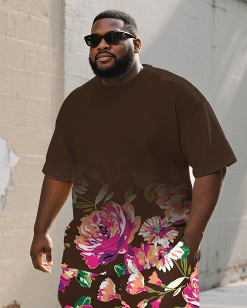Men's Plus Size Street Brown Gradient Graffiti Rose Print Round Neck Short Sleeve T-Shirt Shorts Suit