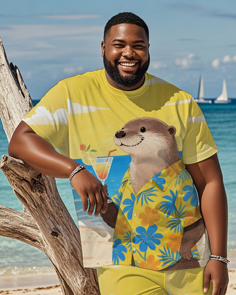 Men's Plus Size Hawaiian Yellow Otter Drinking Cocktail Print Short Sleeve T-Shirt Shorts Suit