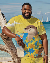 Men's Plus Size Hawaiian Yellow Otter Drinking Cocktail Print Short Sleeve T-Shirt Shorts Suit