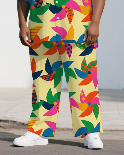 Big Men's Cartoon World Windmill Printed Casual Outdoor Short-Sleeve Shirt Pants Sets