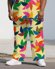 Big Men's Cartoon World Windmill Printed Casual Outdoor Short-Sleeve Shirt Pants Sets