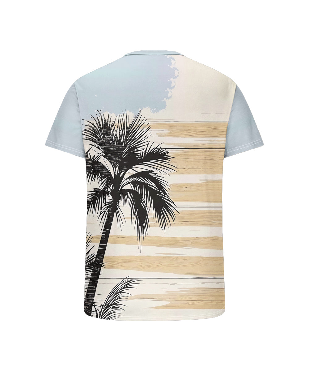 Men's Plus Size Daily Casual Blue Striped Coconut Tree Print Henry Collar Button Short Sleeve T-Shirt