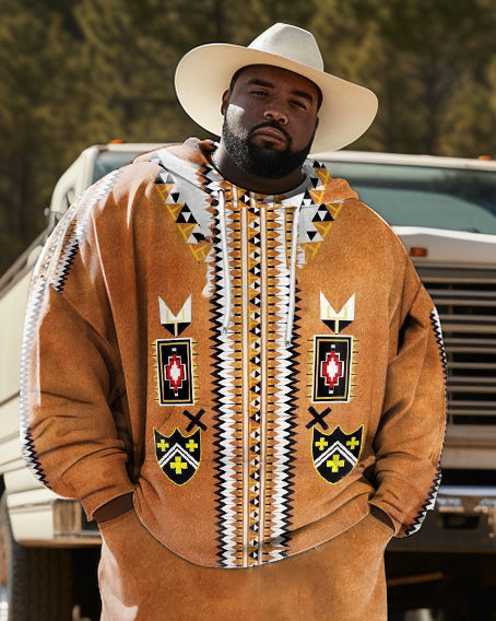 Men's  Plus Size Ethnic Style Diamond Brown Hoodie Two Piece Set