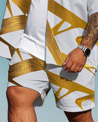 Men's Classic Golden Geometric Pattern Printed Big Size Short Sleeve Shirt and Shorts Set