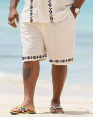 Big Men's Vacation Casual Bohemian Style Double Striped Edge Textured Short Sleeve Shirt Shorts Suit
