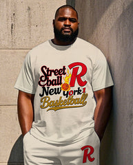 Big Men's Casual Fashion Fire Basketball Artistic Letter Printed Short Sleeve T-shirt Pants Set