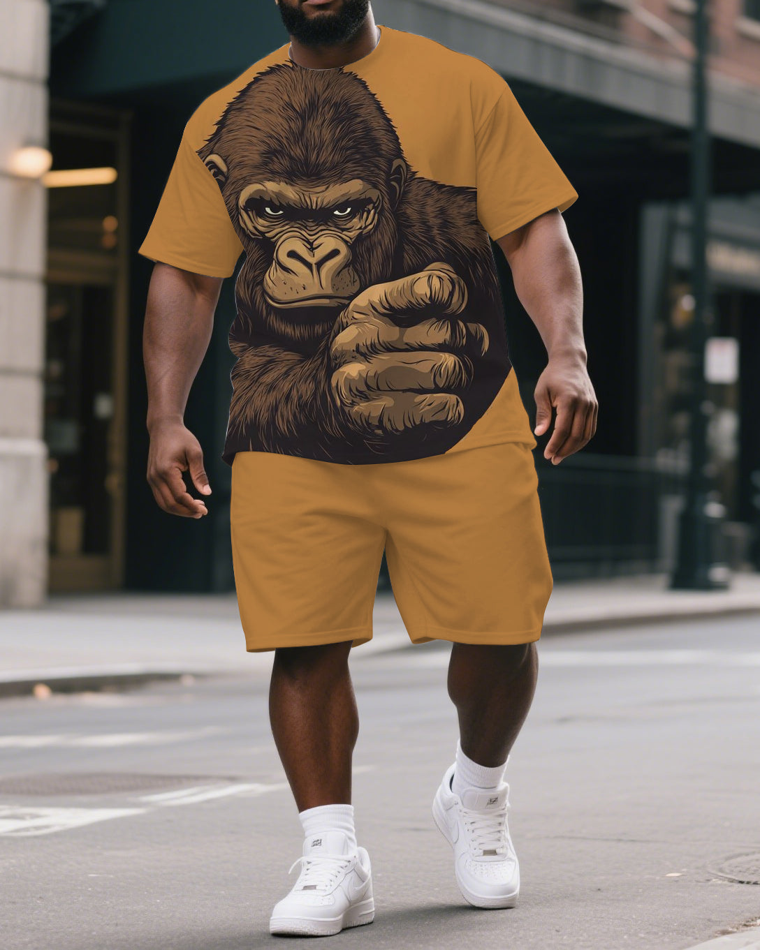 Big & Tall Men's Serious Gorillas Print Street Fashion Yellow Short-Sleeved T-shirt and Short Set