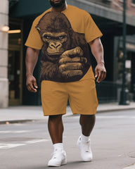 Big & Tall Men's Serious Gorillas Print Street Fashion Yellow Short-Sleeved T-shirt and Short Set