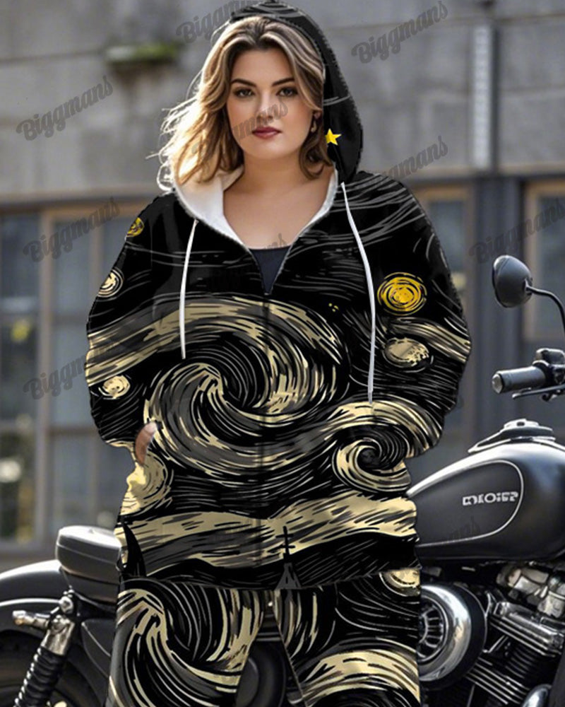 Contrasting Van Gogh Print Plus Size Long-sleeved Zipper Hoodie Set