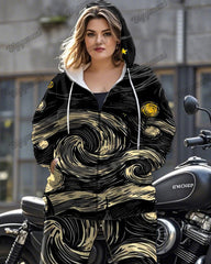 Contrasting Van Gogh Print Plus Size Long-sleeved Zipper Hoodie Set