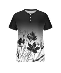Men's Plus Size Black And White Gradient Floral Print Henry Collar Button Short Sleeve T-shirt
