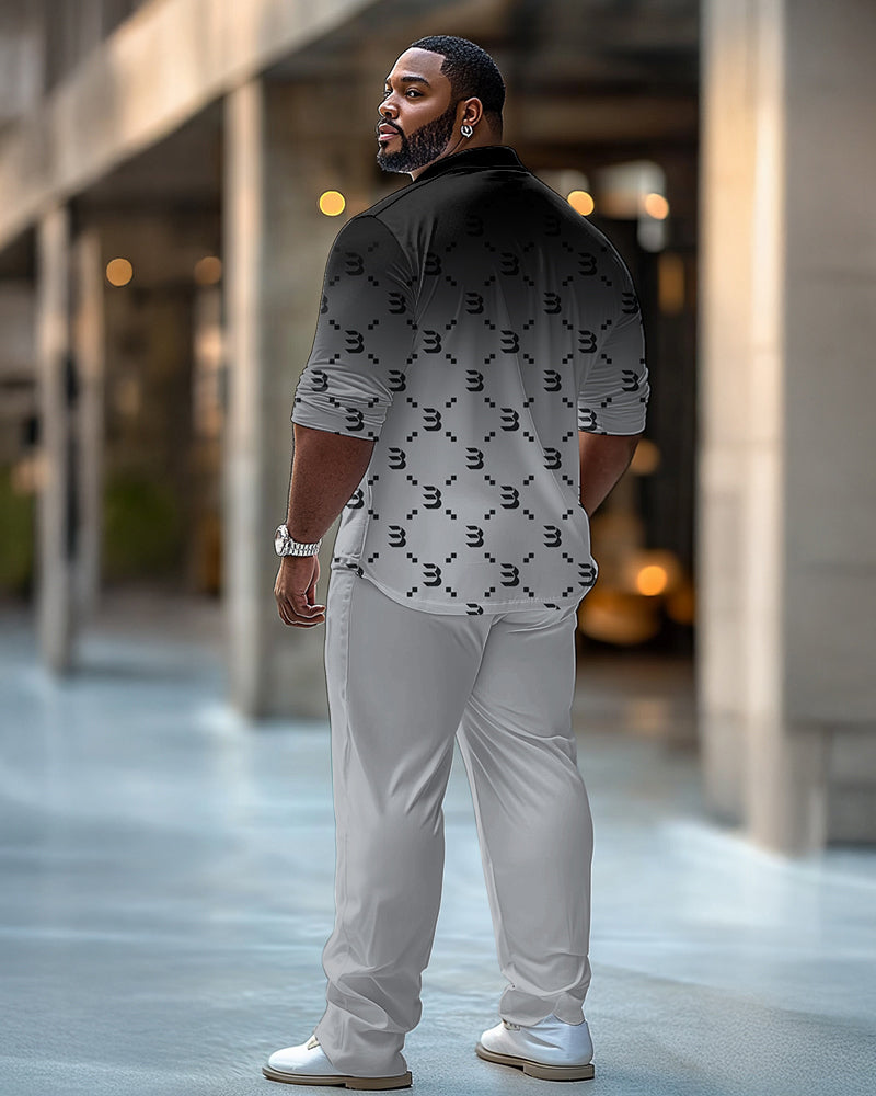 Big & Tall Men's Business Black Gray Gradient B Letter Pattern Printed Long Sleeve Shirt Trousers Suit