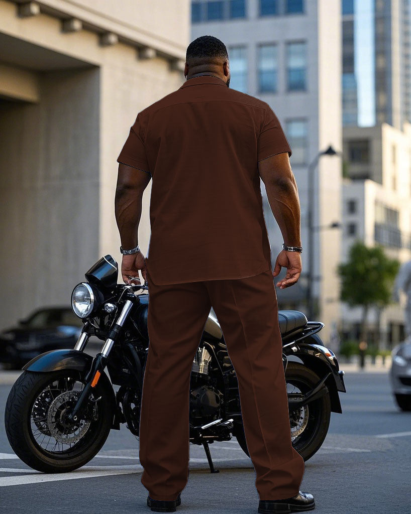 Men's Plus Size Red Brown & Apricot Colorblock Short Sleeve Shirt Pants Suit