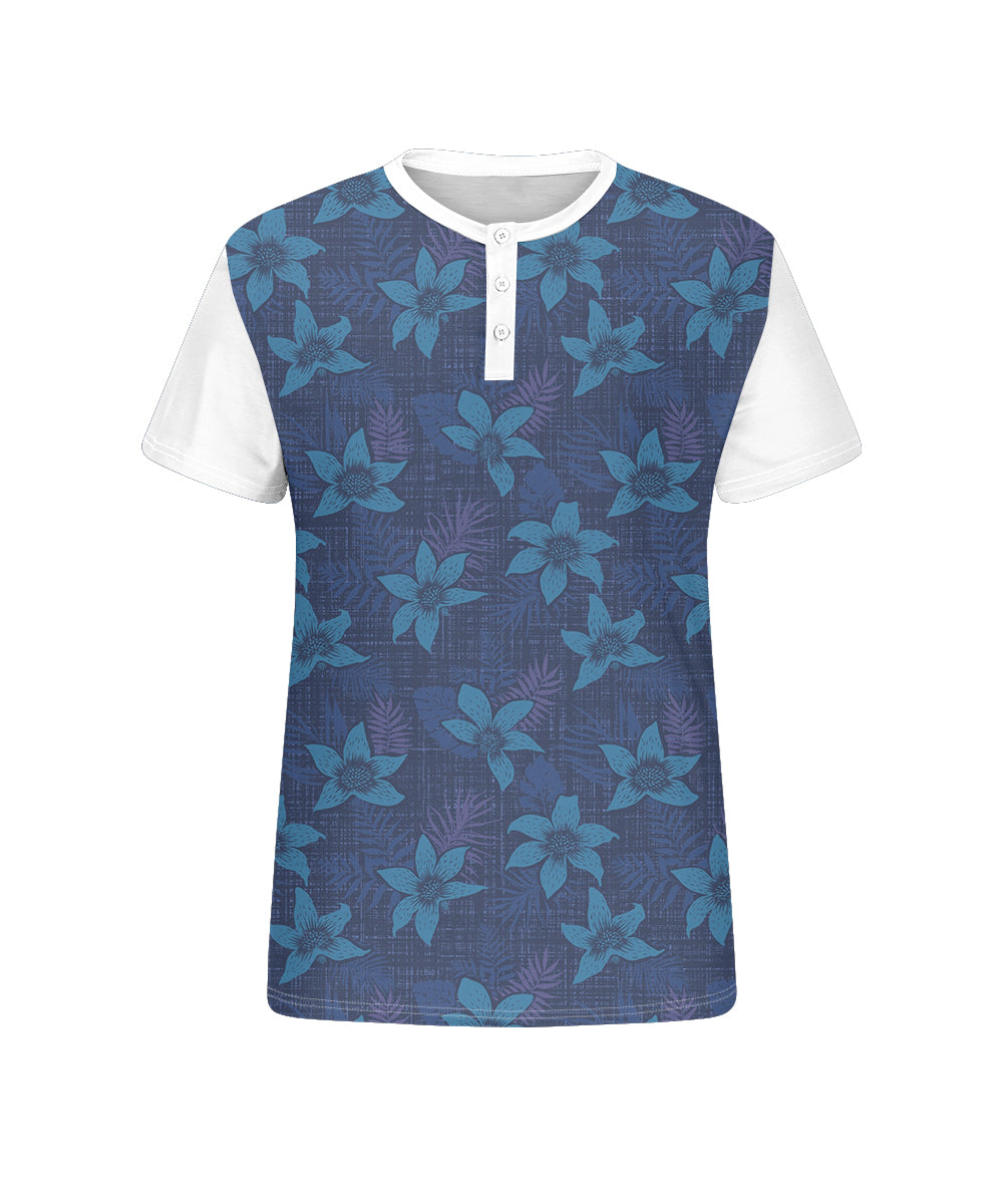 Big & Tall Men's Blue Patchwork Floral Print Henry Collar Button Short Sleeve Tee