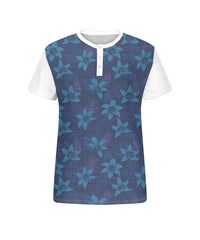 Big & Tall Men's Blue Patchwork Floral Print Henry Collar Button Short Sleeve Tee