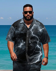 Big Men's Gothic Style Face in Lightning Smog Printed Short-Sleeve Shirt and Shorts Set