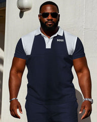 Royal Blue Boss Logo Printed Casual Short-sleeved POLO Shorts Set Big & Tall Men's
