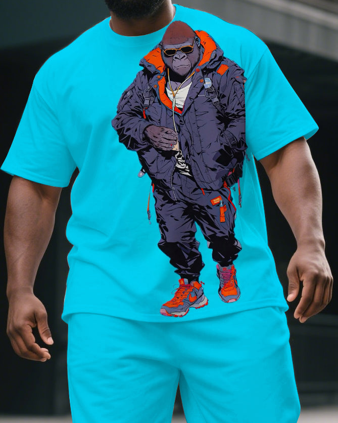 Men's Fashion Jacket Gorillas Cartoon Print Big & Tall Laid-back Short-Sleeve T-shirt & Short Set