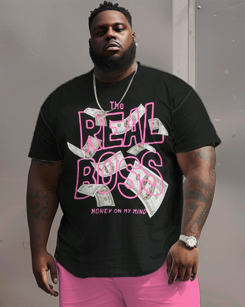 Men's Plus Size Street Casual Graffiti Alphabet Cash Print T-Shirt Shorts Set
