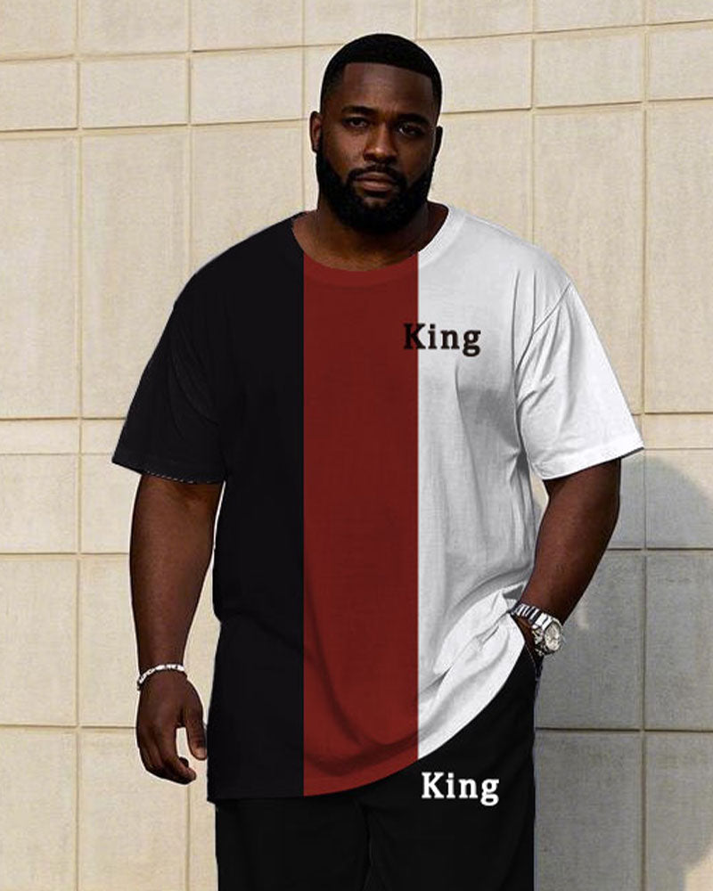 Men's Plus Size Casual Fashion Red & Black & White Thick Stripe Color-matching Chest Small Label Printed Short-sleeved T-shirt Trousers Suit