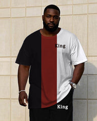 Men's Plus Size Casual Fashion Red & Black & White Thick Stripe Color-matching Chest Small Label Printed Short-sleeved T-shirt Trousers Suit