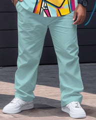 Men's Plus Size Blue Color Matching Abstract Graffiti Print Long Sleeve Shirt Trousers Suit