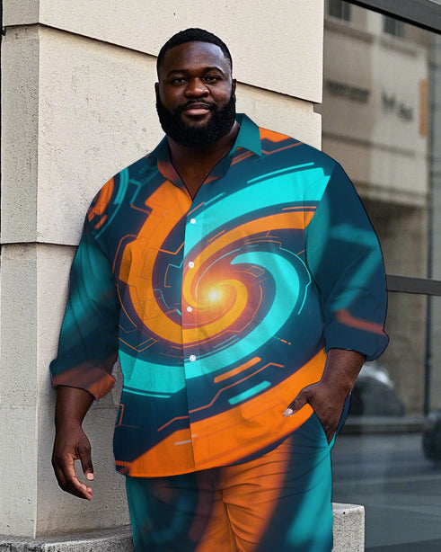 Big Guy's Casual Abstract Machine Vortex Printed Street Fashion Long Sleeve Shirt Pants Set