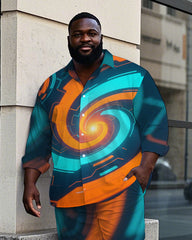 Big Guy's Casual Abstract Machine Vortex Printed Street Fashion Long Sleeve Shirt Pants Set