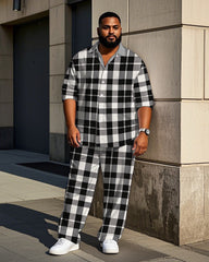 Big Guy's Simple Casual Black and White Plaid  Printed Long Sleeve Shirt Pants Set