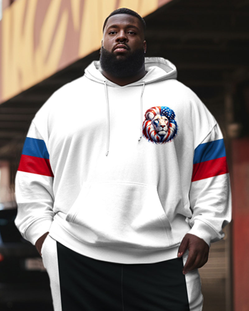 Men's Street Fashion Colorblock Lion Alphabet Print Plus Size Hoodie Suit