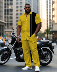 Men's Plus Size Fashion Yellow & Black Simple Short Sleeve Shirt Pants Suit
