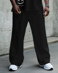 Men's Plus Size Daily Casual Black Color Matching Ethnic Style Smiley Print T-shirt Trousers Suit