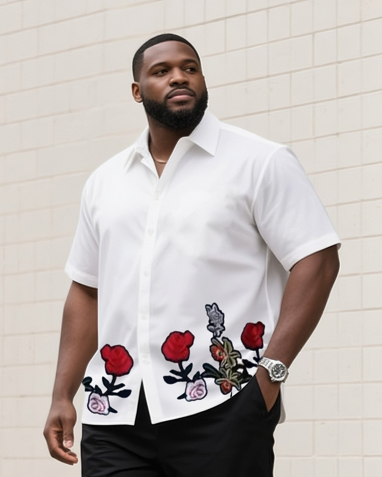 Big & Tall Men's Daily Leisure. High-grade Floral Embroidery Shirt Shorts Suit