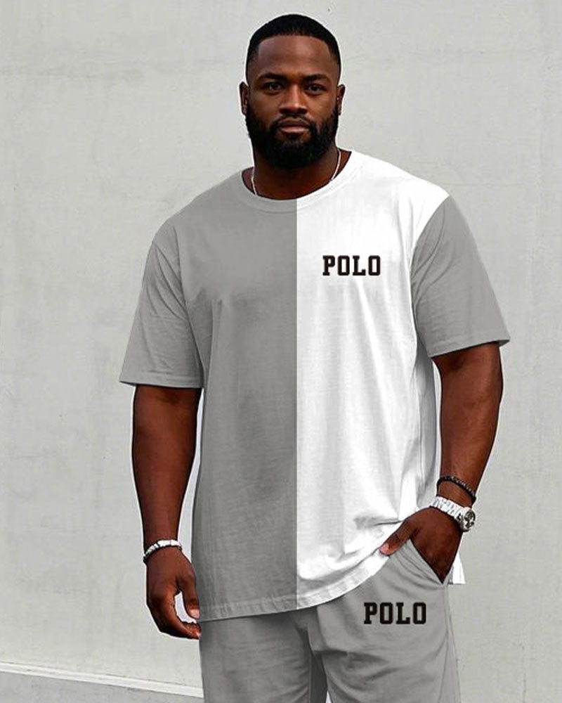 Men's Big & Tall Grey & White Casual Print Short Sleeve T-Shirt Trousers Set