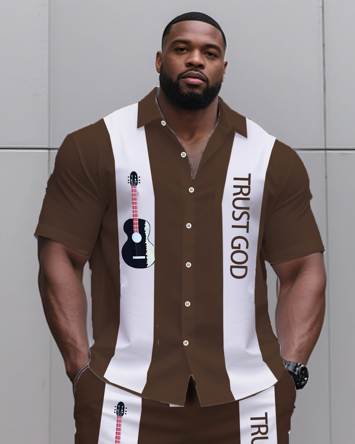 Big & Tall Men's Daily Leisure. TRUST GOD Striped Contrast Printed Shirt Shorts Suit
