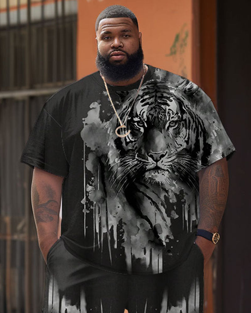 Men's Plus Size Street Casual Black And White Art Tiger Print T-Shirt Shorts Suit