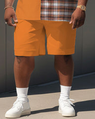 Men's Plus Size Casual Orange Plaid Print Pocket Short Sleeve Shirt Shorts Suit
