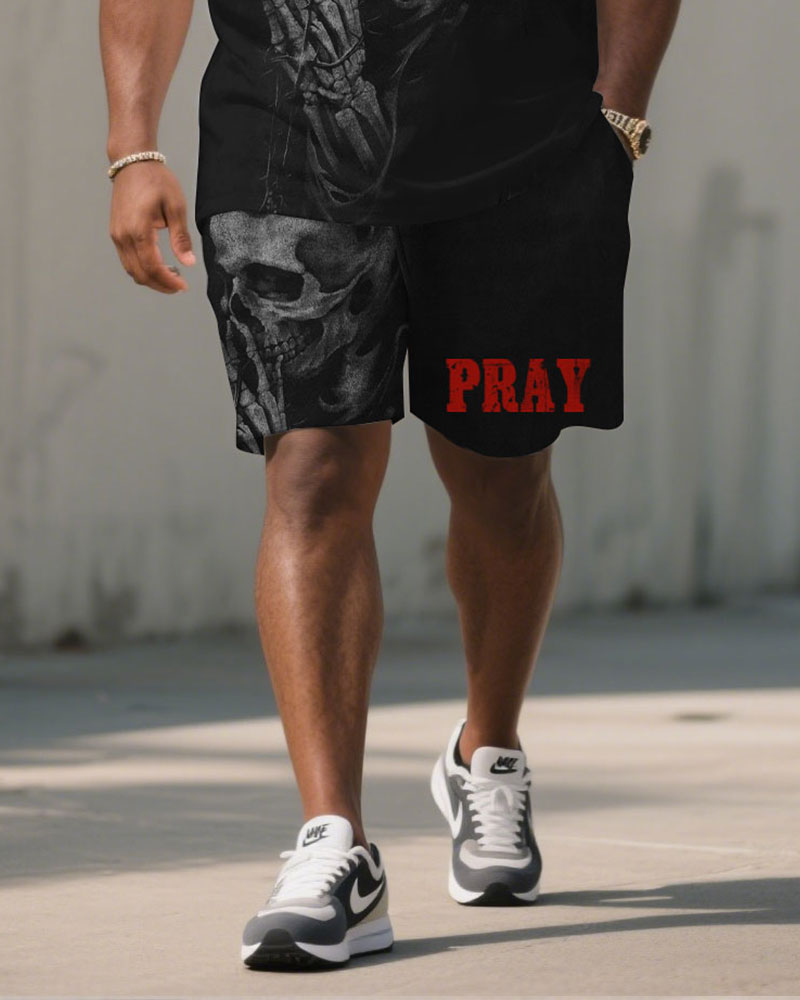 Men's Plus Size Black Prayer Skull Gesture Print Short Sleeve T-Shirt Shorts Suit